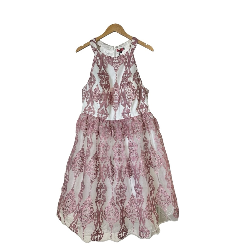 Chi Chi London NEW Pink Halter Dress Tulle Embroidered Overlay Damask Size 16 - Picture 9 of 16